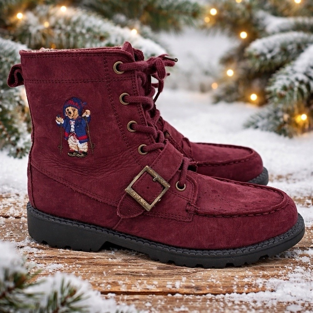 Polo Ralph Lauren Polo Bear Burgundy Leather Ranger Combat Hi II Boots Sz 4.5 US